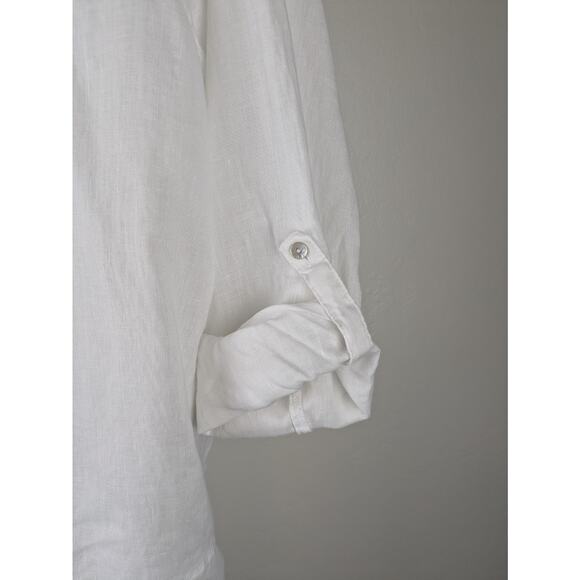 Tahari size 1X White 100% Linen Button Front Tunic Length Shirt Roll Tab Sleeve - Picture 6 of 7